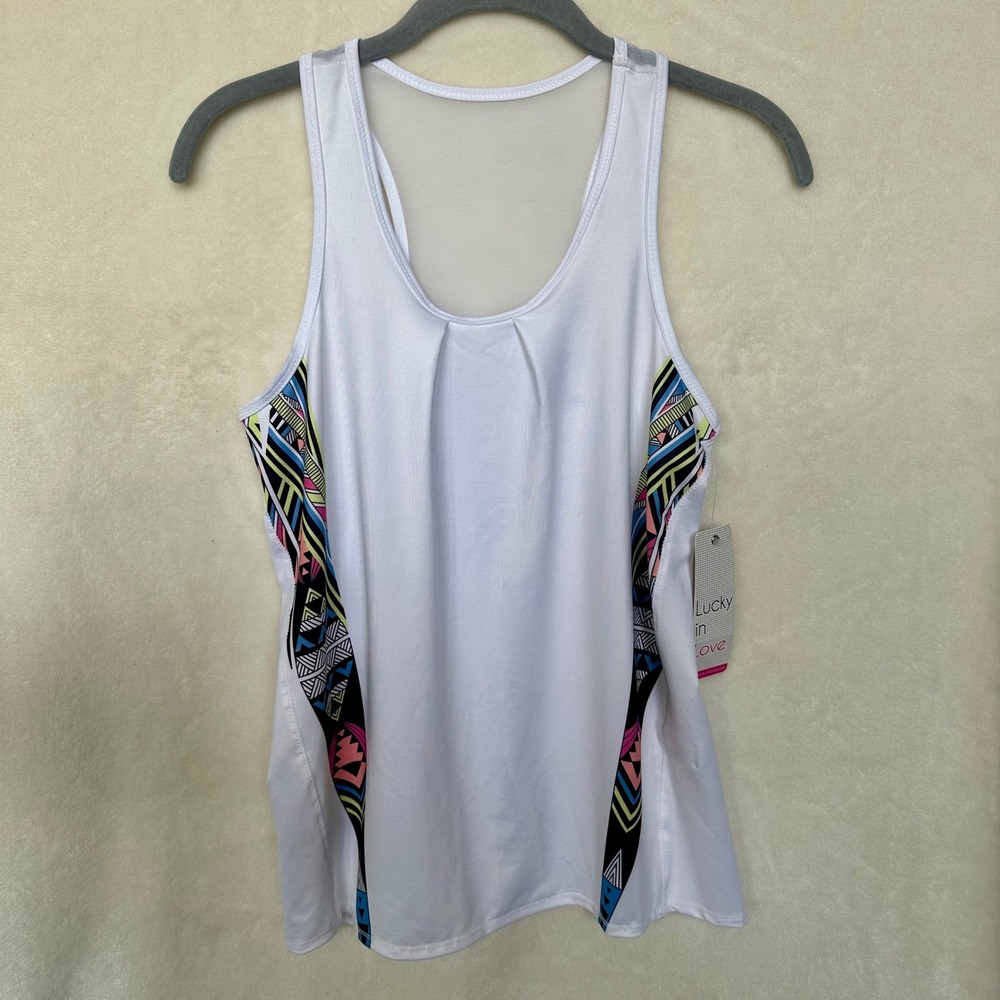 NWT Lucky In Love White Tribal Print Mesh Back Tennis Tank Top Small